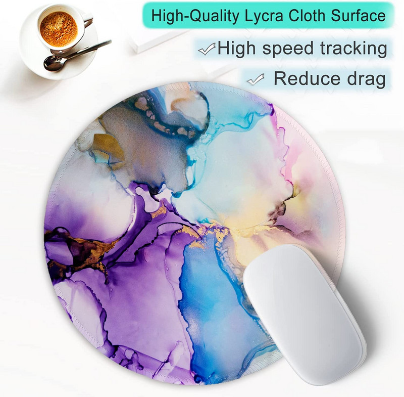 Egérpad varrott szélű egéralátéttel, vízálló, csúszásmentes gumitalppal, kerek egérpad, 7,9 × 7,9 × 0,12 hüvelykes szivárvány márvány