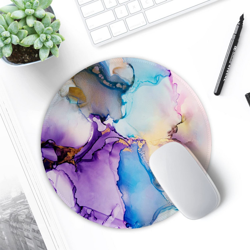 Egérpad varrott szélű egéralátéttel, vízálló, csúszásmentes gumitalppal, kerek egérpad, 7,9 × 7,9 × 0,12 hüvelykes szivárvány márvány