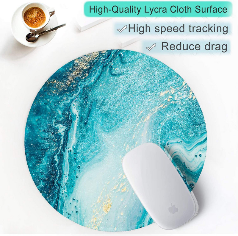 Egérpad varrott szélű egéralátéttel, vízálló, csúszásmentes gumi alappal, kerek egérpad 7,9×7,9×0,12 hüvelykes kék márványarany