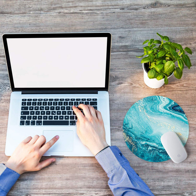 Egérpad varrott szélű egéralátéttel, vízálló, csúszásmentes gumi alappal, kerek egérpad 7,9×7,9×0,12 hüvelykes kék márványarany