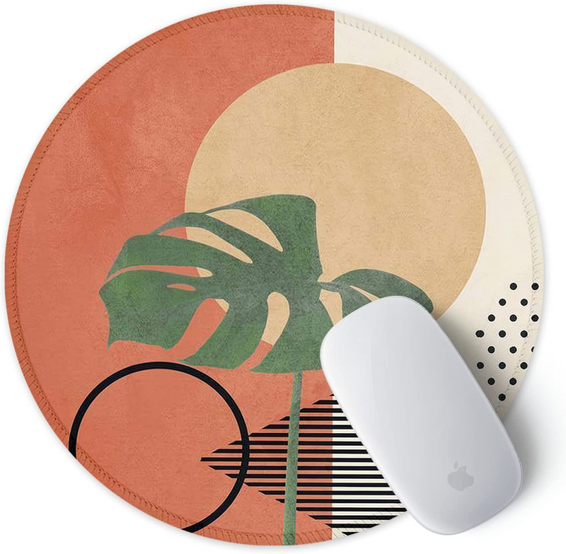 Egérpad varrott szélű egéralátéttel, vízálló, csúszásmentes gumitalppal, kerek egérpad, 7,9 × 7,9 × 0,12 hüvelykes, modern pálmalevél