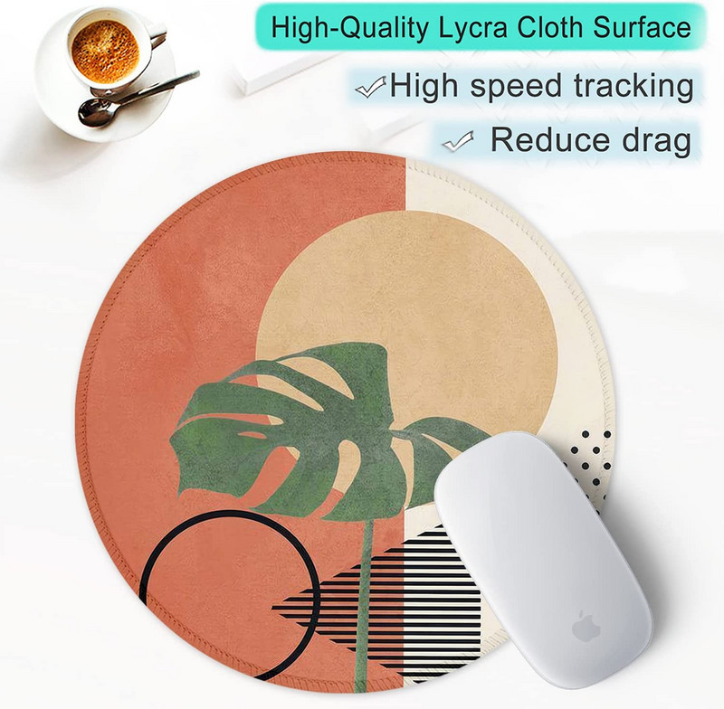 Egérpad varrott szélű egéralátéttel, vízálló, csúszásmentes gumitalppal, kerek egérpad, 7,9 × 7,9 × 0,12 hüvelykes, modern pálmalevél