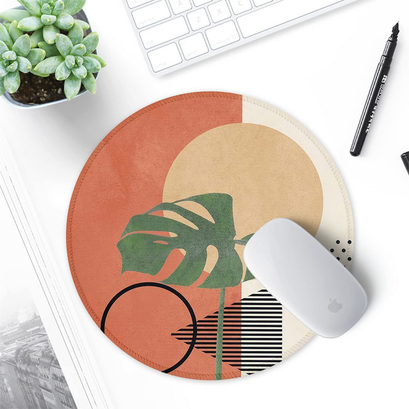 Egérpad varrott szélű egéralátéttel, vízálló, csúszásmentes gumitalppal, kerek egérpad, 7,9 × 7,9 × 0,12 hüvelykes, modern pálmalevél