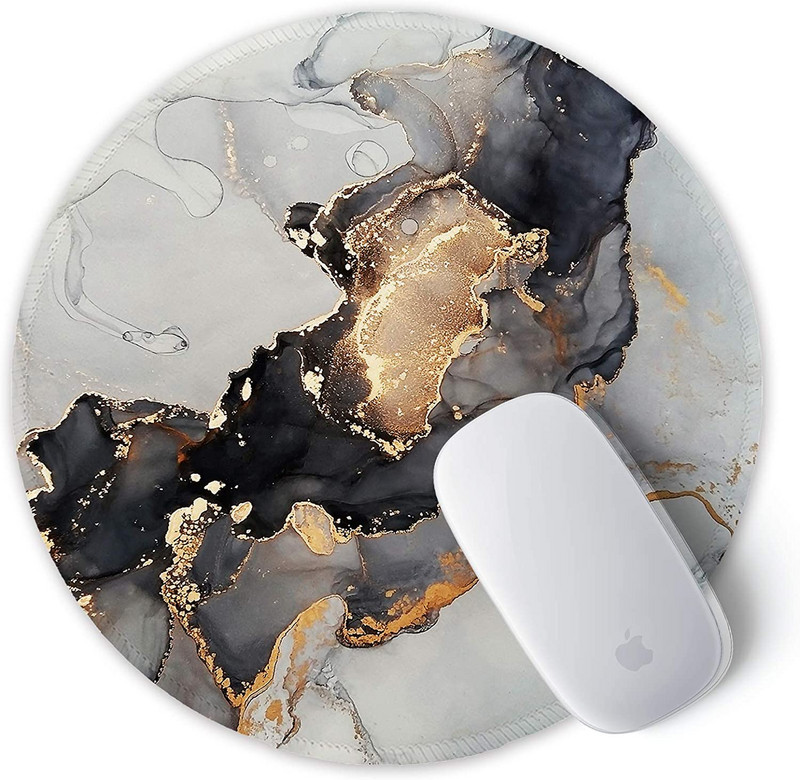 Egérpad varrott szélű egérszőnyeggel, vízálló, csúszásmentes gumitalppal, kerek egérpad, 7,9 × 7,9 × 0,12 hüvelyk, tinta márványozás