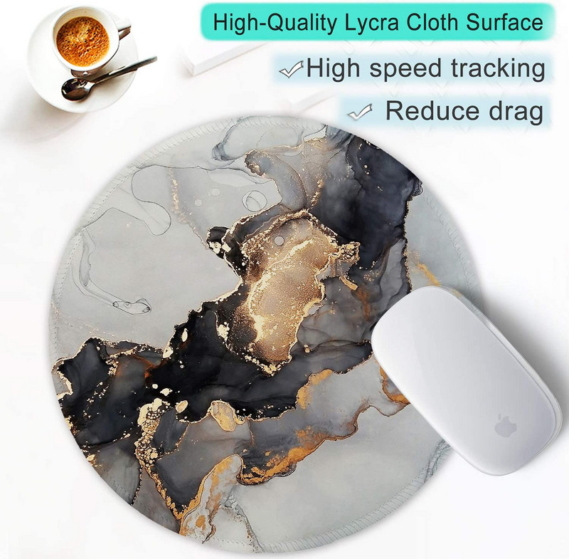 Egérpad varrott szélű egérszőnyeggel, vízálló, csúszásmentes gumitalppal, kerek egérpad, 7,9 × 7,9 × 0,12 hüvelyk, tinta márványozás