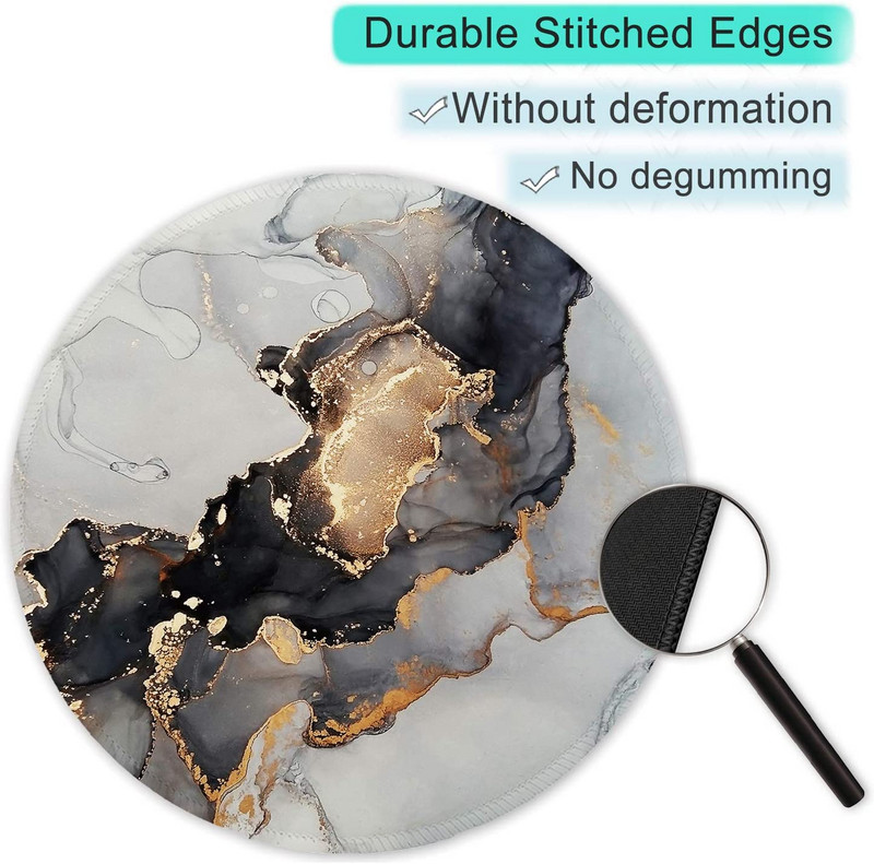 Egérpad varrott szélű egérszőnyeggel, vízálló, csúszásmentes gumitalppal, kerek egérpad, 7,9 × 7,9 × 0,12 hüvelyk, tinta márványozás
