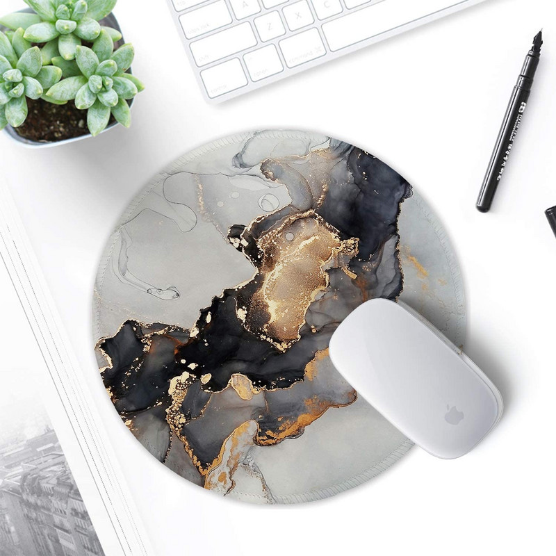 Egérpad varrott szélű egérszőnyeggel, vízálló, csúszásmentes gumitalppal, kerek egérpad, 7,9 × 7,9 × 0,12 hüvelyk, tinta márványozás