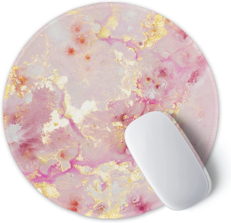 Egérpad varrott szélű egéralátéttel, vízálló, csúszásmentes gumi alappal, kerek egérpad, 7,9 × 7,9 × 0,12 hüvelyk, rózsaszín arany absztrakt