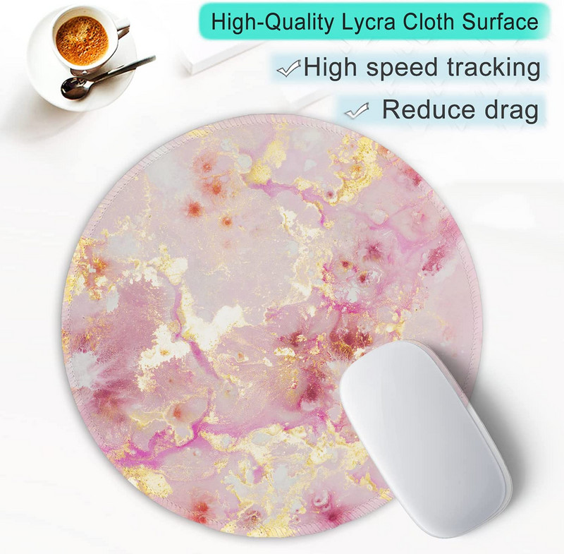 Egérpad varrott szélű egéralátéttel, vízálló, csúszásmentes gumi alappal, kerek egérpad, 7,9 × 7,9 × 0,12 hüvelyk, rózsaszín arany absztrakt