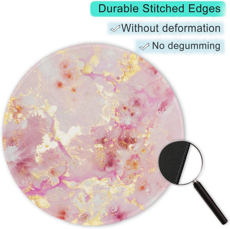 Egérpad varrott szélű egéralátéttel, vízálló, csúszásmentes gumi alappal, kerek egérpad, 7,9 × 7,9 × 0,12 hüvelyk, rózsaszín arany absztrakt