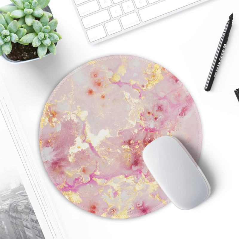 Egérpad varrott szélű egéralátéttel, vízálló, csúszásmentes gumi alappal, kerek egérpad, 7,9 × 7,9 × 0,12 hüvelyk, rózsaszín arany absztrakt