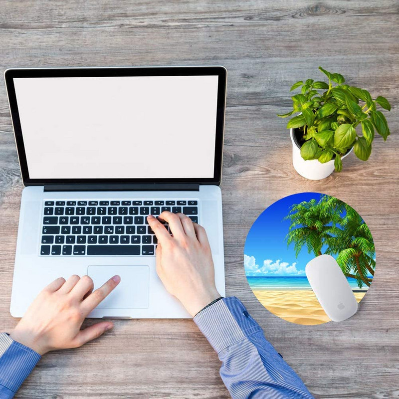 Tengerparti egérpad Kókuszfák Kerek egérpad Aranyos játékra készült egéralátét Vízálló, csúszásmentes gumialapú egérpadok 7,9x0,12 hüvelykes