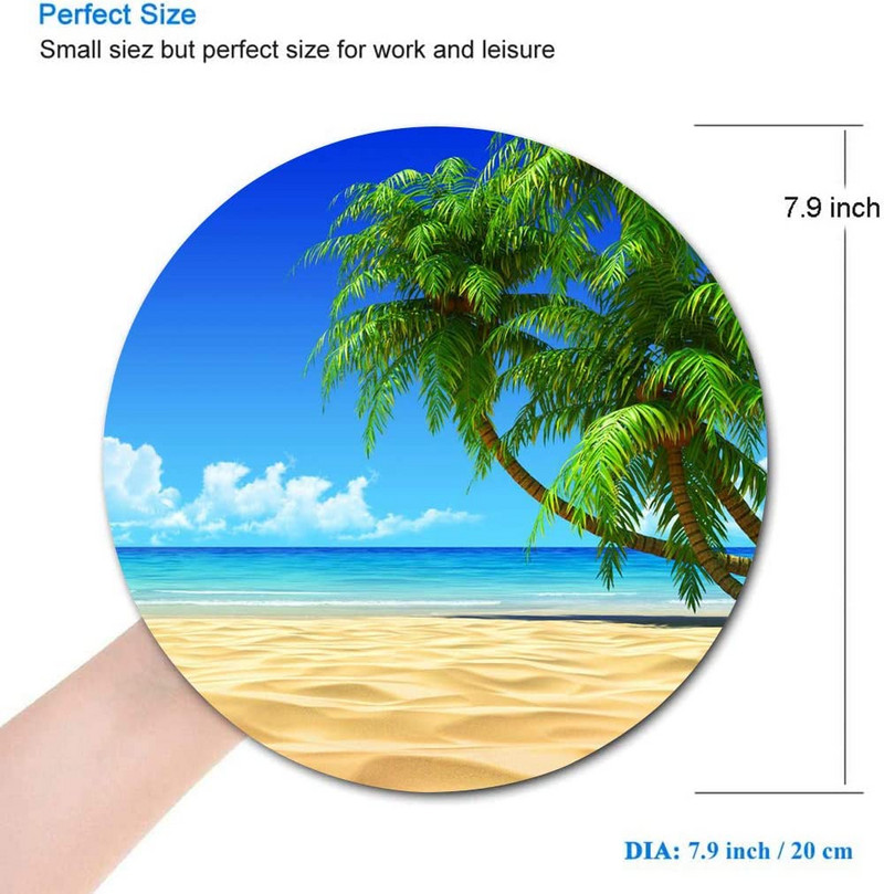 Tengerparti egérpad Kókuszfák Kerek egérpad Aranyos játékra készült egéralátét Vízálló, csúszásmentes gumialapú egérpadok 7,9x0,12 hüvelykes
