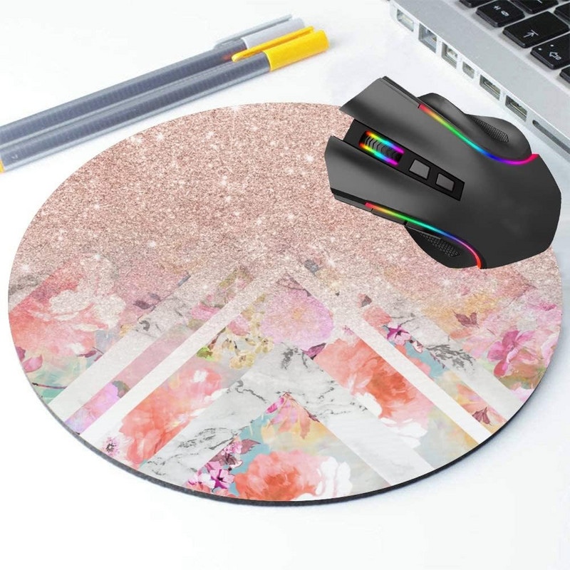 Rózsaarany csillogó virágos akvarell kerek egérpad csúszásmentes, gumi alapú egérpad laptopokhoz, női egérpad 7,9 x 7,9 hüvelykes