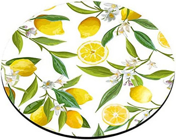 Акварелно рисуване с лимон Изкуство Кръгла подложка за мишка Лимонови плодове с цветя и листа Шарка Кръгли подложки за мишка