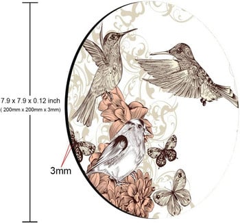 Кръгла подложка за мишка Hummingbird в ретро стил с птици и пеперуди Кръгла нехлъзгаща се гумена подложка за мишка 7,9 x 7,9 x 0,12 инча