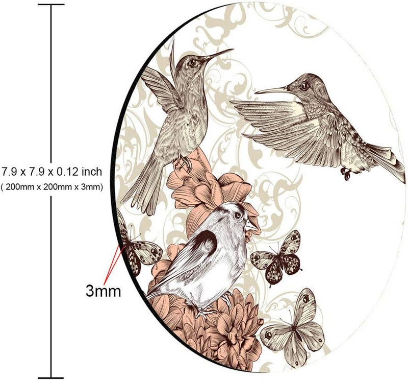 Kolibri kerek egérpad Vintage stílusú grafika madarak pillangókkal, kerek, csúszásmentes gumi egérpad 7,9 x 7,9 x 0,12 hüvelykes