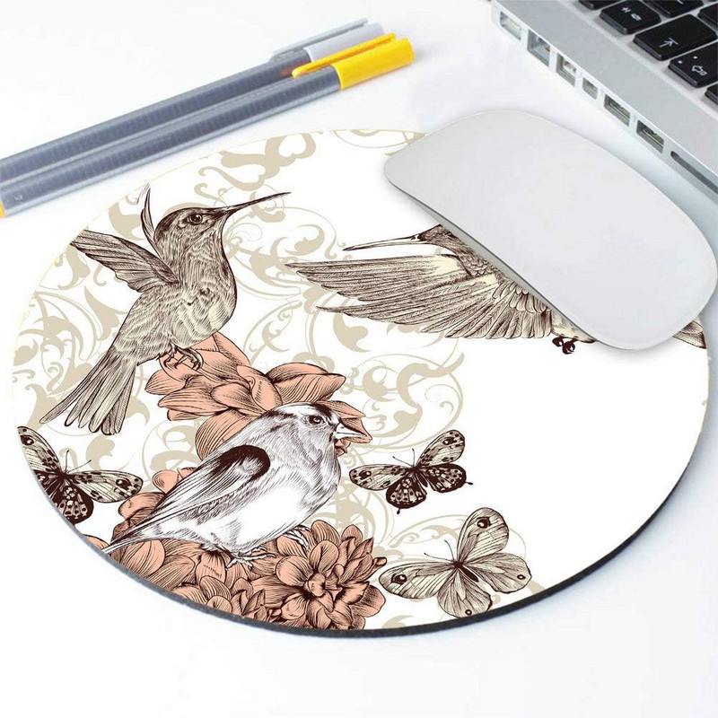 Kolibri kerek egérpad Vintage stílusú grafika madarak pillangókkal, kerek, csúszásmentes gumi egérpad 7,9 x 7,9 x 0,12 hüvelykes