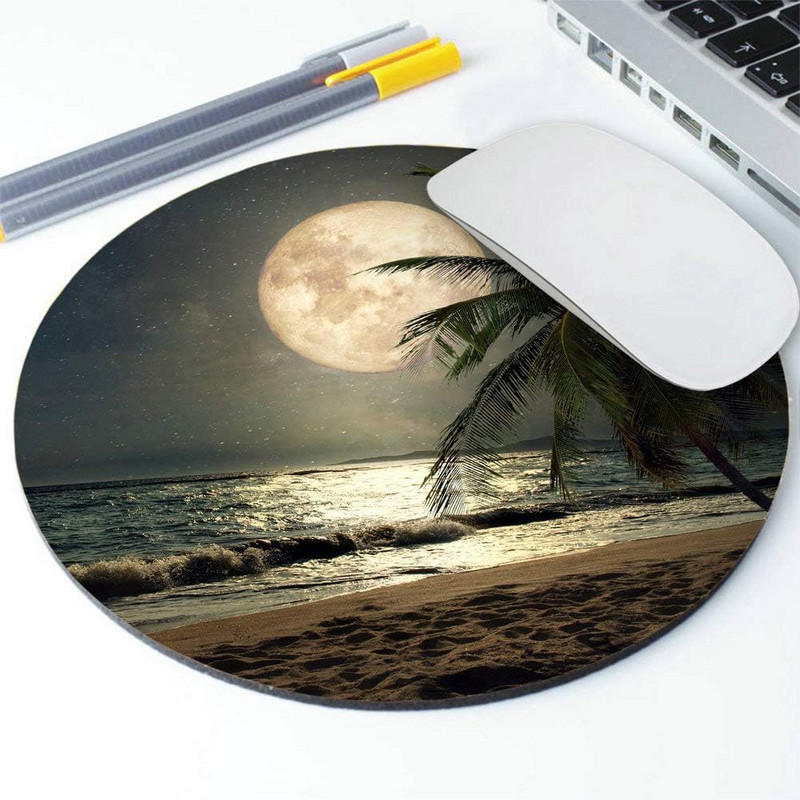 Trópusi tengerparti pálmafa telihold csillagos éjszakai egéralátéttel, kerek, csúszásmentes gumi egérpadokkal, 7,9 x 7,9 x 0,12 hüvelykes