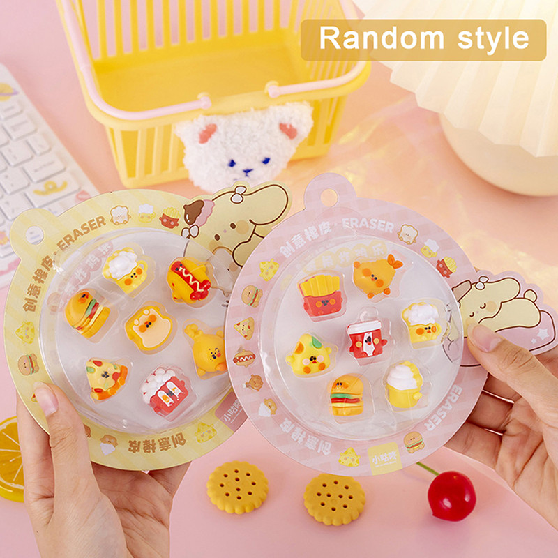 1Szett Kreatív gyorséttermi hamburger sült krumpli pirítós alakú aranyos radír készlet ceruza radír gyerekeknek ajándék iskolai kellékek