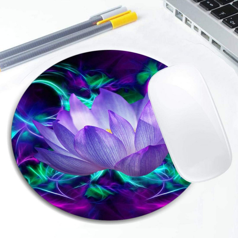 Lila lótuszvirág egéralátét kerek, csúszásmentes gumi egérpad Laptop Irodai számítógép dekoráció Aranyos asztali kiegészítők Design egérpad