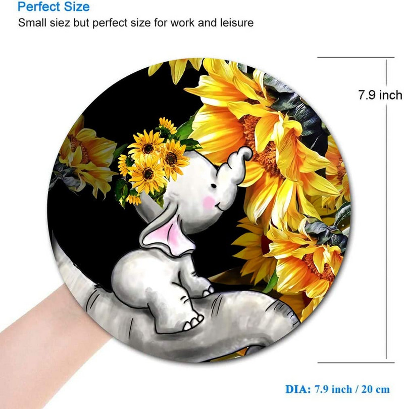 Elefántbébi napraforgós kerek egéralátéttel Aranyos játékra készült egéralátét, vízálló, csúszásmentes gumialap 7,9 x 0,12 hüvelykes egérpad