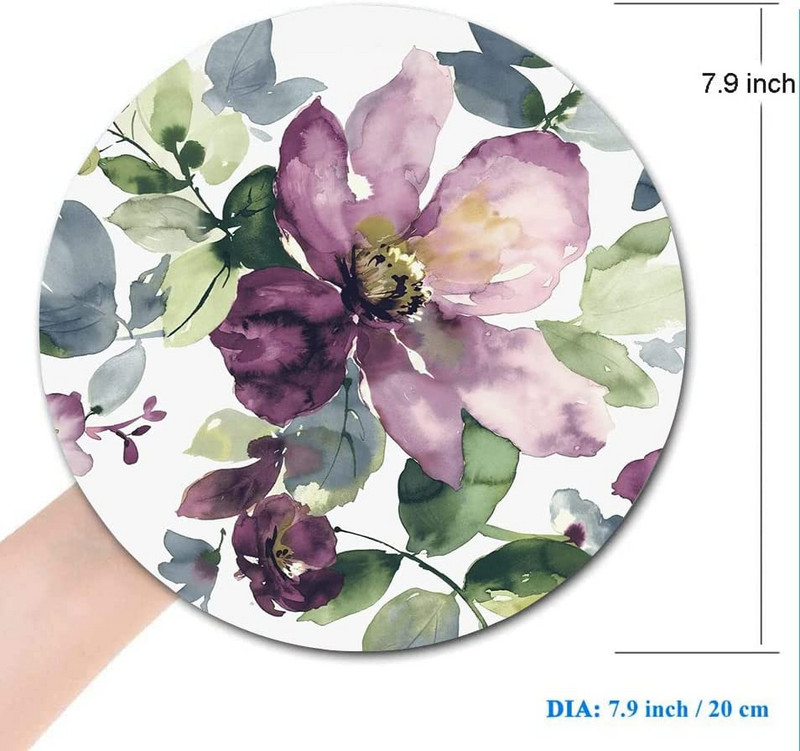 Kerek lila virágos egérpad prémium textúrájú kis egéralátét vízálló, csúszásmentes gumitalppal laptop számítógépes irodába