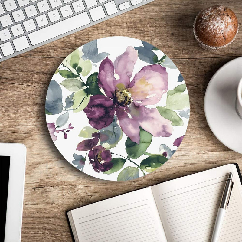 Kerek lila virágos egérpad prémium textúrájú kis egéralátét vízálló, csúszásmentes gumitalppal laptop számítógépes irodába