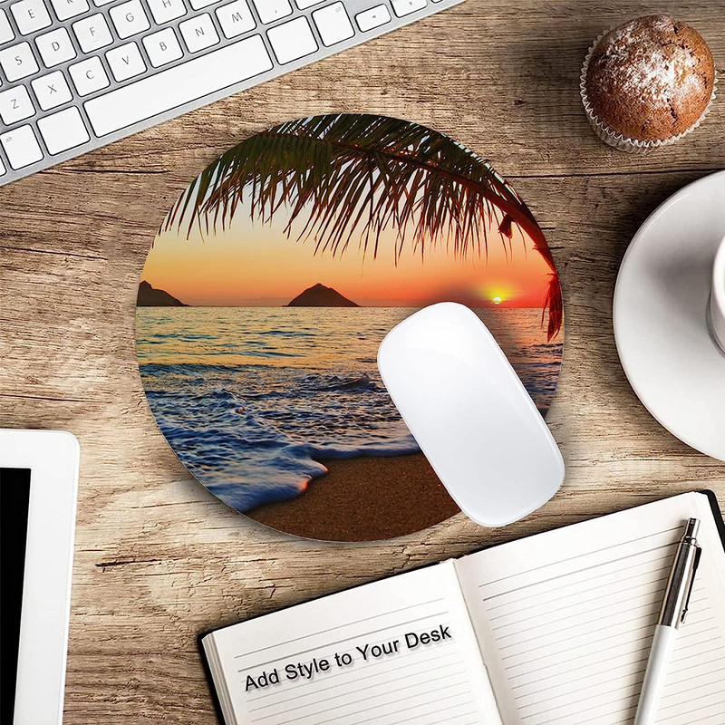 Hawaii Beach Mouse Pad Kör alakú játék egérpad, 7,9x7,9 hüvelykes, hordozható, csúszásmentes gumialapú egérpad irodai laptopokhoz