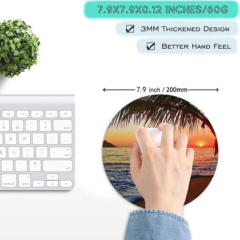 Hawaii Beach Mouse Pad Kör alakú játék egérpad, 7,9x7,9 hüvelykes, hordozható, csúszásmentes gumialapú egérpad irodai laptopokhoz
