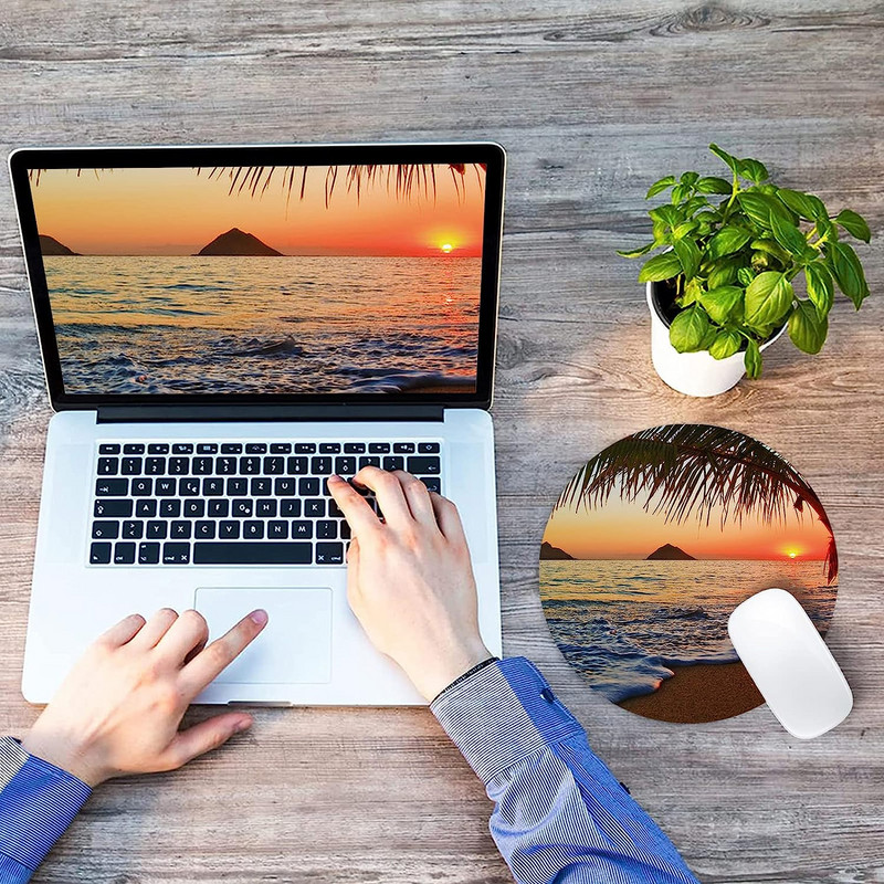Hawaii Beach Mouse Pad Kör alakú játék egérpad, 7,9x7,9 hüvelykes, hordozható, csúszásmentes gumialapú egérpad irodai laptopokhoz