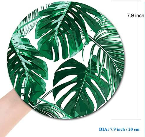 Kerek számítógépes egérpad, zöld, trópusi levelek, prémium textúrájú egérpad, mosható egérpad Lycra ruhával, csúszásmentes gumitalppal
