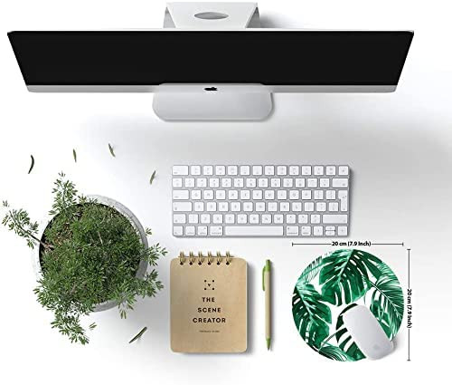 Kerek számítógépes egérpad, zöld, trópusi levelek, prémium textúrájú egérpad, mosható egérpad Lycra ruhával, csúszásmentes gumitalppal