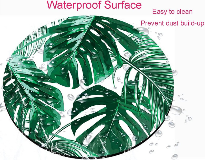 Kerek számítógépes egérpad, zöld, trópusi levelek, prémium textúrájú egérpad, mosható egérpad Lycra ruhával, csúszásmentes gumitalppal