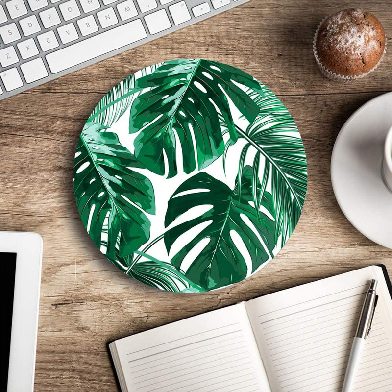Kerek számítógépes egérpad, zöld, trópusi levelek, prémium textúrájú egérpad, mosható egérpad Lycra ruhával, csúszásmentes gumitalppal