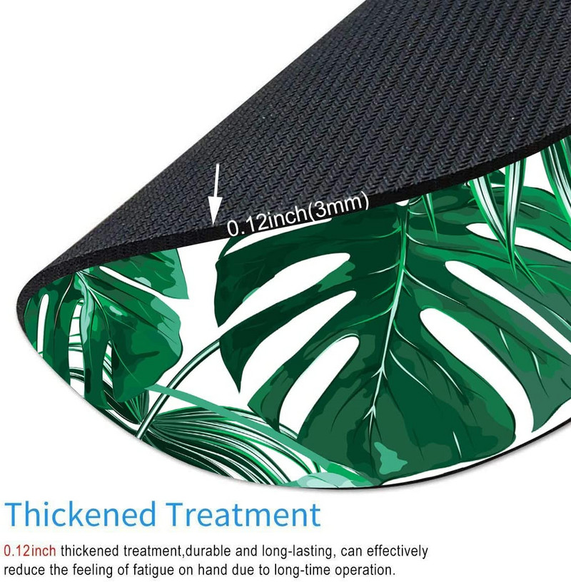 Kerek számítógépes egérpad, zöld, trópusi levelek, prémium textúrájú egérpad, mosható egérpad Lycra ruhával, csúszásmentes gumitalppal