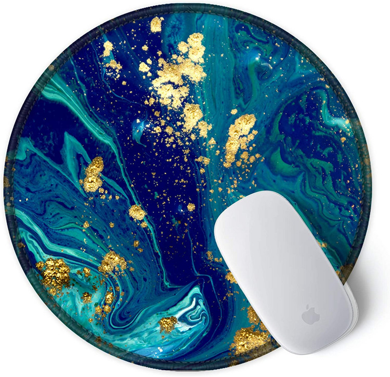 Egérpad varrott szélű egérszőnyeggel, vízálló, csúszásmentes gumitalppal, kerek egérpad, 7,9 × 7,9 × 0,12 hüvelyk, kék zöld márványozás
