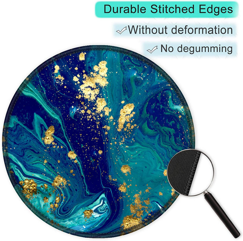Egérpad varrott szélű egérszőnyeggel, vízálló, csúszásmentes gumitalppal, kerek egérpad, 7,9 × 7,9 × 0,12 hüvelyk, kék zöld márványozás