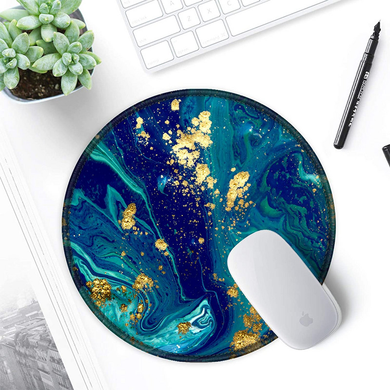 Egérpad varrott szélű egérszőnyeggel, vízálló, csúszásmentes gumitalppal, kerek egérpad, 7,9 × 7,9 × 0,12 hüvelyk, kék zöld márványozás