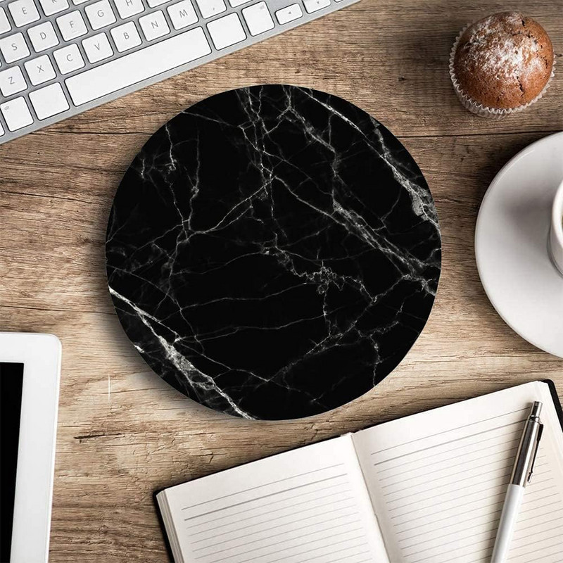 Márvány egérpad, vízálló, kör alakú kis egérpad csúszásmentes, gumi bázisú egérpad irodai számítógépes laptopokhoz (fekete márvány)