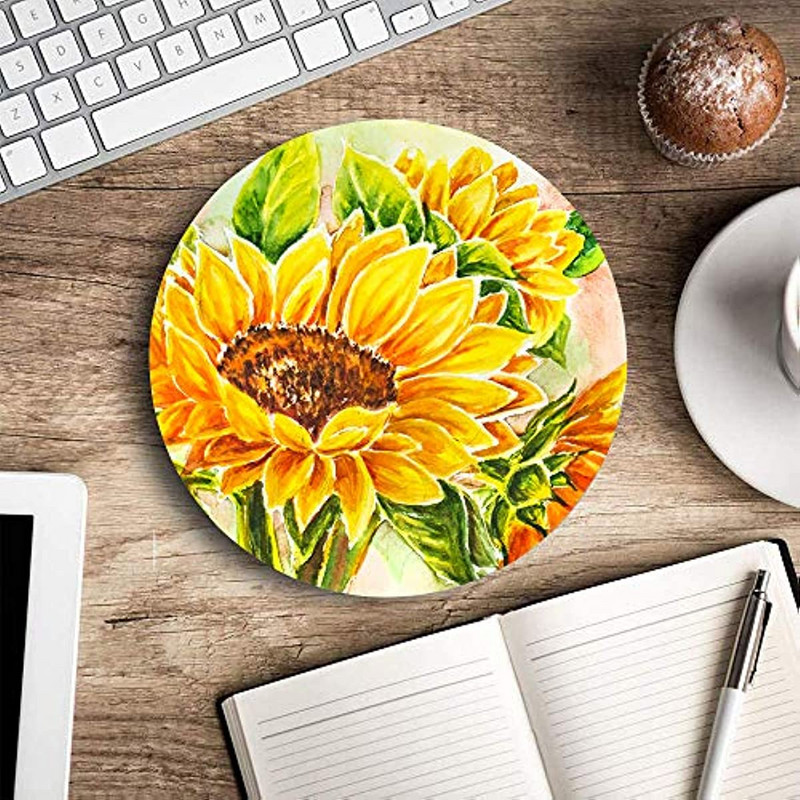 Sunflowers kerek egéralátét játékhoz, vízálló, kör alakú egéralátét csúszásmentes, gumi bázisú egérpadok 7,9 x 0,12 hüvelykes