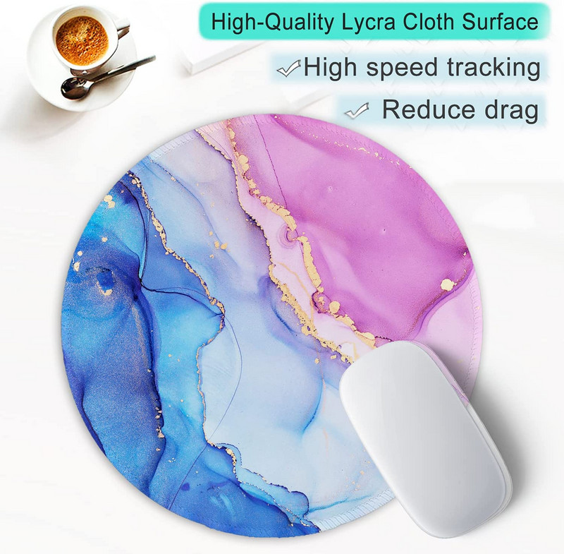 Подложка за мишка със зашити ръбове Подложка за мишка Водоустойчива неплъзгаща се гумена основа Кръгла подложка за мишка 7,9×7,9×0,12 инча, синьо лилаво мраморно изкуство