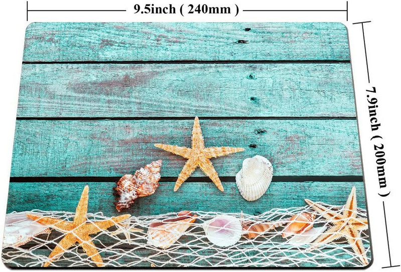 Kohandatud hiirematt, ilus türkiissinine meretaust kaunistatud drapeeritud kalavõrgu ja meritähega