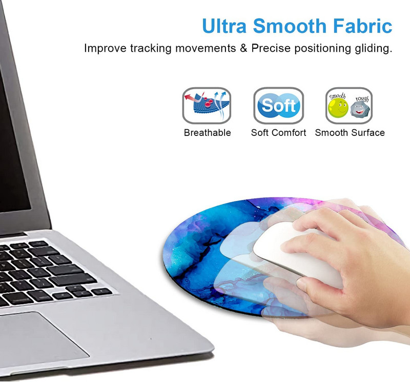 Στρογγυλό mousepad με μελάνι Σχέδιο ζωγραφικής Μπλε ροζ ακουαρέλα Μαρμάρινο Mousepad Προσωποποιημένη αντιολισθητική βάση από καουτσούκ Μικρό mousepad