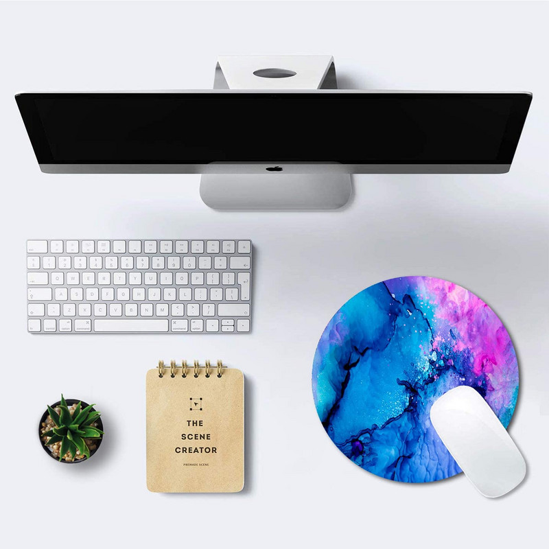 Στρογγυλό mousepad με μελάνι Σχέδιο ζωγραφικής Μπλε ροζ ακουαρέλα Μαρμάρινο Mousepad Προσωποποιημένη αντιολισθητική βάση από καουτσούκ Μικρό mousepad