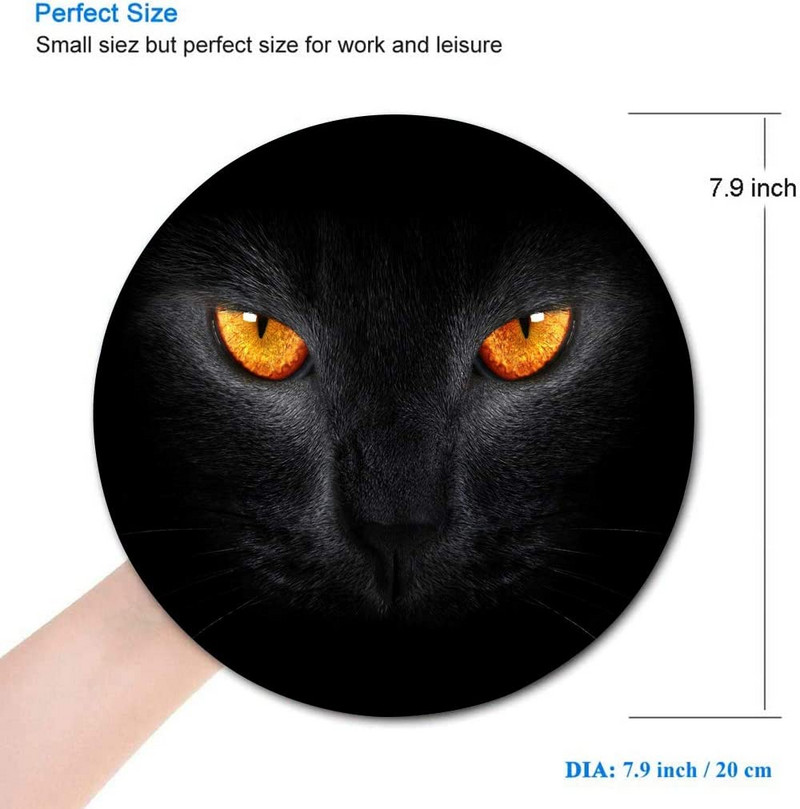 Котешка кръгла подложка за мишка Черно котешко лице с жълти очи Геймърска подложка за мишка Водоустойчива кръгла малка подложка за мишка Неплъзгаща се гумена основа