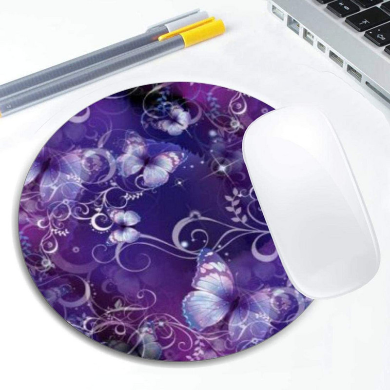 Butterfly On Purple Mouse Pad Στρογγυλό αντιολισθητικό ελαστικό mousepad Διακοσμητικό φορητού υπολογιστή γραφείου Χαριτωμένα αξεσουάρ γραφείου Σχεδιασμός Mousepad