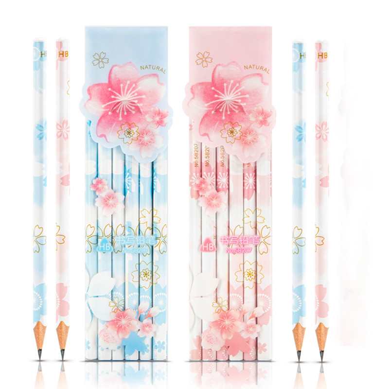 12 бр./кутия Kawaii Sakura Моливи HB Стандартни дървени моливи Корейски канцеларски материали Момчета Момичета Инструменти за рисуване Скица Офис консумативи