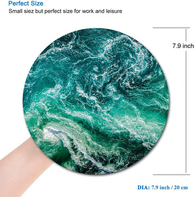 Кръгла подложка за мишка Green Ocean Waves Симпатична игрална подложка за мишка Водоустойчива неплъзгаща се гумена основа Подложки за мишка 7,9x0,12 инча