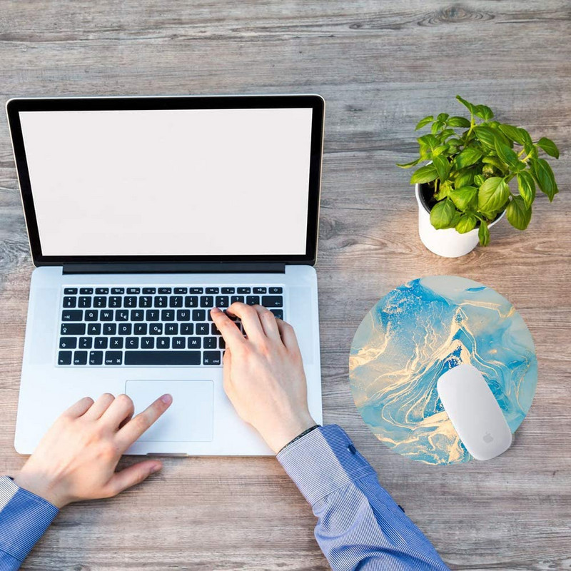 Светлосиня кръгла мраморна подложка за мишка Модерна подложка за игрална мишка в синьо злато Водоустойчива кръгла подложка за мишка Неплъзгаща се гумена основа Подложка за мишка